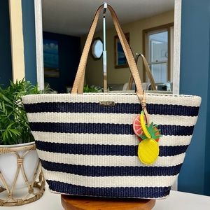 KATE SPADE Shoulder Bag Tote Stripped Multistraw White Blue Beige Leather.